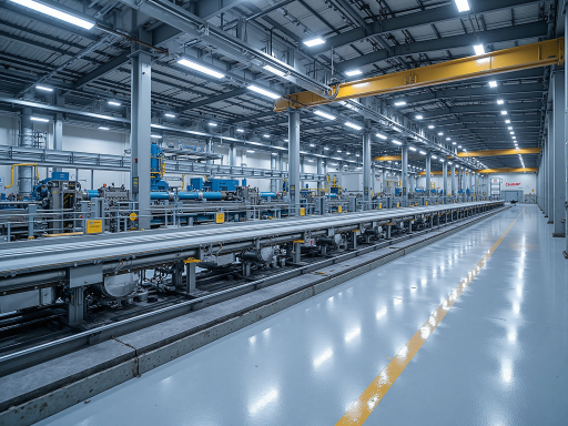 现代化工厂内部，整齐排列的自动化生产线，工人正在操作精密设备，明亮的工业照明下显示高效生产环境